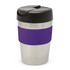 A drink bottle featuring a stainless steel body with a purple silicone grip and a black lid. It includes a branding logo.