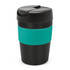 A drink bottle with a black lid, black base, and a teal band around the middle. It has a logo on the side.
