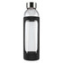 A drink bottle with a clear glass body and a black silicone sleeve, featuring a silver metal cap.