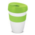A drink bottle with a white body and a bright green lid and sleeve, featuring a logo.