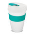 A drink bottle with a white body, teal silicone band, and a matching teal lid. Features a logo on the side.