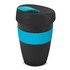 A drink bottle with a black body and a turquoise silicone band and lid. It features a smooth, double-wall design.