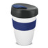 A drink cup featuring a black lid, blue sleeve, and a white body. It has a logo on its surface.