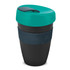 A drink bottle with a teal lid and a black body, featuring a silicone band for grip. It has a logo on the side.