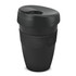 A drink bottle in matte black with a double wall, featuring a textured black band and a lid. It has a logo.