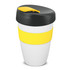 A drink bottle featuring a white body with a yellow band and a black lid. It has a logo on the surface.