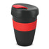 A drink bottle with a black body, red band, and lid, featuring a logo. It's designed with a double wall for insulation.