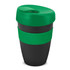A drink bottle with a green lid and band, featuring a black body and a simple logo.