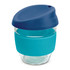 A drink bottle featuring a blue lid and a turquoise silicone sleeve, made of clear borosilicate glass, 250ml capacity.