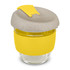 A drink bottle with a glass body, grey lid, and yellow silicone sleeve, featuring a logo on the side.