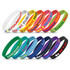 A collection of silicone wristbands in various colours, each featuring different branding and slogans.