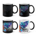 A coffee mug set featuring black and white mugs with colourful, artistic designs and a logo.