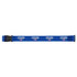 A blue luggage strap featuring a logo and a buckle for secure fastening.
