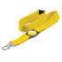 A yellow lanyard with a clip and a circular branding element.