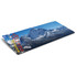 A blue outdoor blanket featuring a mountain landscape design and a logo.