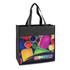 A black tote bag featuring a vibrant design with paint cans and a logo.