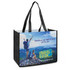A black tote bag featuring a scenic print with two people outdoors and a logo.