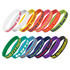A collection of embossed silicone wristbands in various colours, each featuring different text and a logo.