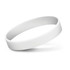 A white embossed silicone wristband displayed at an angle, showcasing its smooth surface and flexible design.