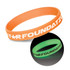 Two silicone wristbands are displayed: one orange and one glowing green in the dark, both featuring a logo.