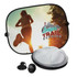 A sunshade set featuring a silhouette of a runner against a sunset background, with a logo included.