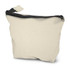 A cream cosmetic bag with a zip closure, featuring a simple design and a small loop for easy handling.