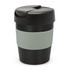 A drink bottle in black with a light green band, featuring a lid for easy sipping. It has a branding logo on the side.
