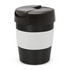 A drink bottle featuring a black body with a white band and a black lid, designed as a vacuum cup.