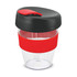 A drink bottle featuring a transparent cup with a red band and black lid. It has a logo on the side.
