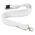 A white bamboo lanyard with a metal clip and a plastic buckle for attachment. Features a logo.