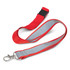 A red and grey reflector lanyard with a clip and a secure buckle. It features a logo on its surface.