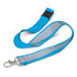 A reflective lanyard in blue and grey with a metal clip for attachment. It features a logo on the strap.