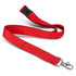 A red lanyard with a soft touch finish and a clip at one end, featuring a logo.