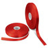 Two rolls of bright red satin ribbon, 15mm wide, displayed on a white background, one partially unrolled.