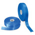Two rolls of glossy blue ribbon, one partially unrolled, showcasing their sleek texture and finish.
