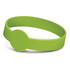 A bright green silicone wristband with a debossed design and a circular feature. It includes a logo.