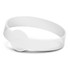 A white silicone wristband with a debossed section and a seamless design. It features a logo.