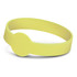 A glow-in-the-dark silicone wristband in bright yellow, featuring a circular embellishment.
