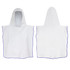 A white hooded towel featuring a simple design with blue trim. It has a large hood and is suitable for kids.