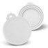 Two white silicone reusable can lids, one positioned above the other, featuring a decorative handle.