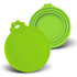 A set of three vibrant green silicone reusable can lids with a round shape and a circular handle on top.