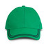 A green cap with a structured design and contrasting black stitching, featuring a logo on the front.