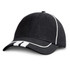 A black cap with white accents and a logo, featuring a structured design and curved brim.