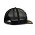 A black mesh cap with a patterned brim, featuring a colourful design on the front and a snapback closure.