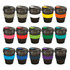 A collection of Express Cup ReGrind drink bottles in various colours with black bases and contrasting lids. Each features a logo.