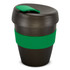 A drink bottle in black with a green silicone band and lid, designed for easy sipping. It features a logo.