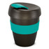 A drink bottle featuring a black body with a teal silicone band and lid. The product includes a logo.