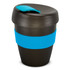 A drink bottle in black with a blue silicone band and lid, designed for holding 350ml.