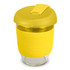 A drink bottle made of borosilicate glass with a bright yellow silicone sleeve and lid. It holds 350ml.