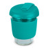 A drink bottle featuring a teal silicone sleeve and lid, with a clear borosilicate glass body.